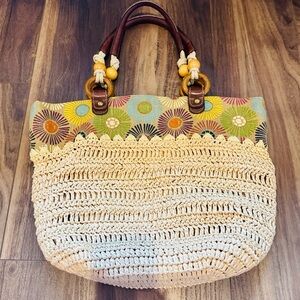 Fossil Long Live Vintage 1954 Raffia Purse Tote with Multicolor Floral Trim